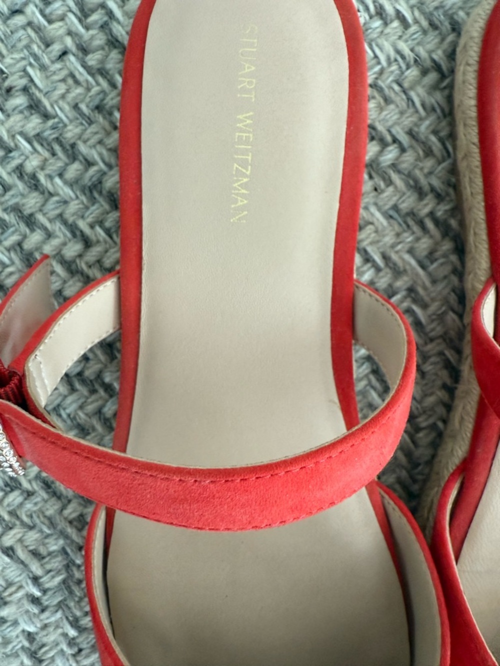 Stuart Weitzman Red Suede Crystal Buckle Espadrille Mule Size 9 - Picture 4 of 8